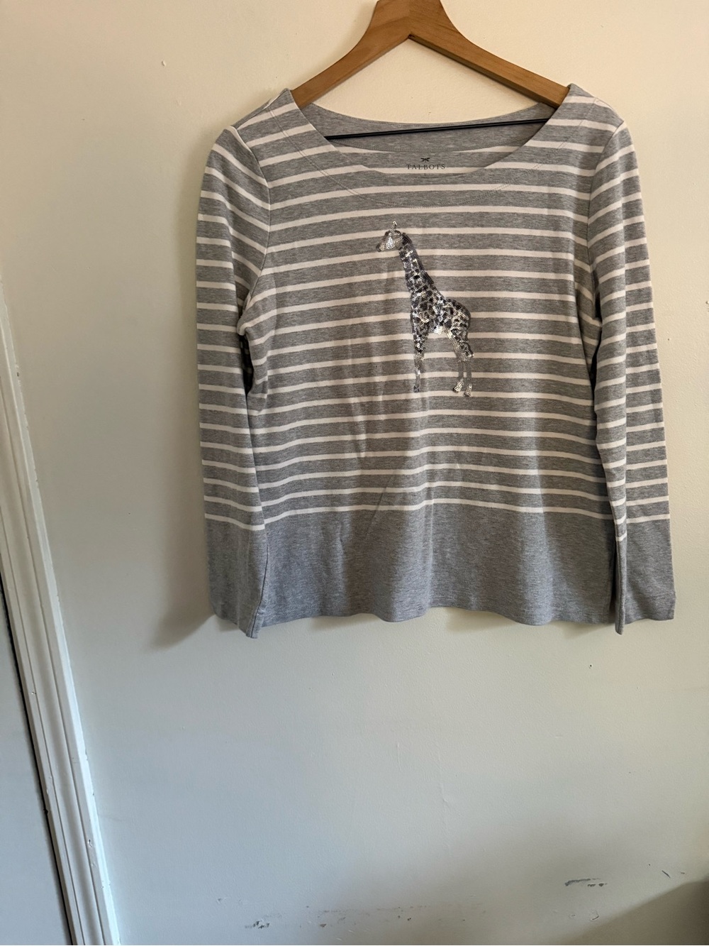 Talbots Gray & White Striped Sweater with Giraffe Applique